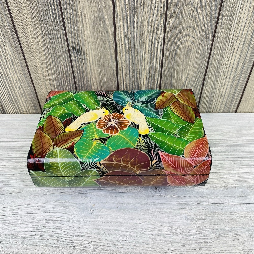 Vintage Hand Painted Wooden Box Parrot Floral Jewelry Storage Trinket